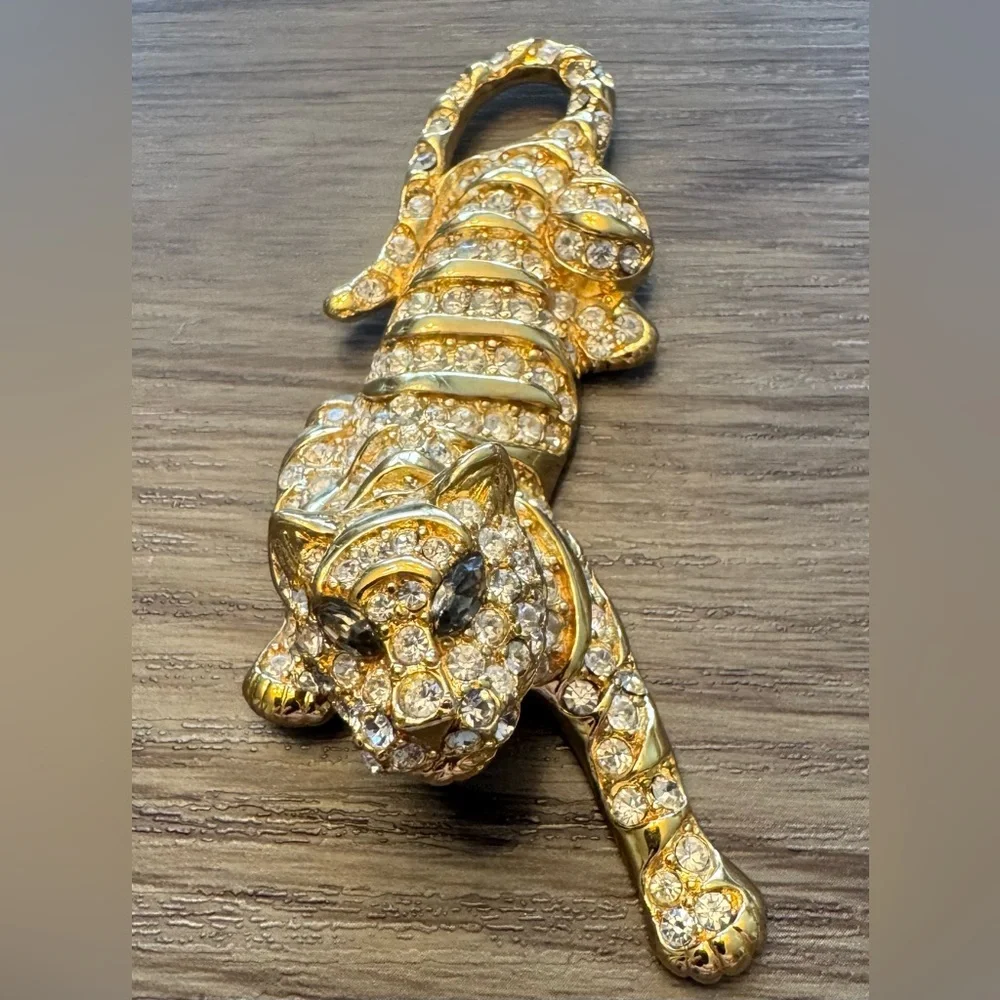 Trifari Vintage Gold and Crystal Tiger Brooch